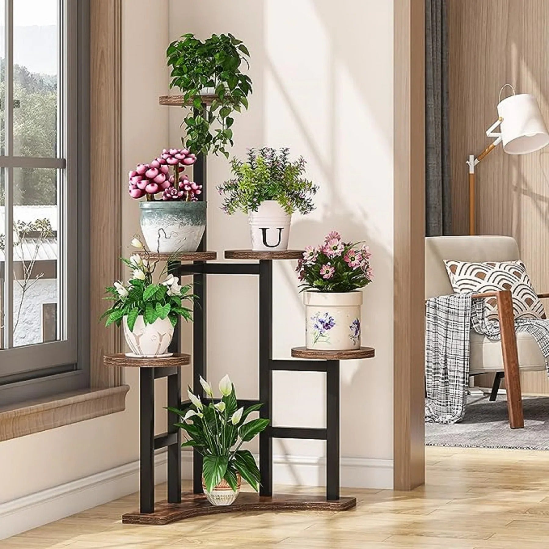 Corner Plant Stand with Round Shelves – Stylish Indoor Display for Multiple Potted Plants