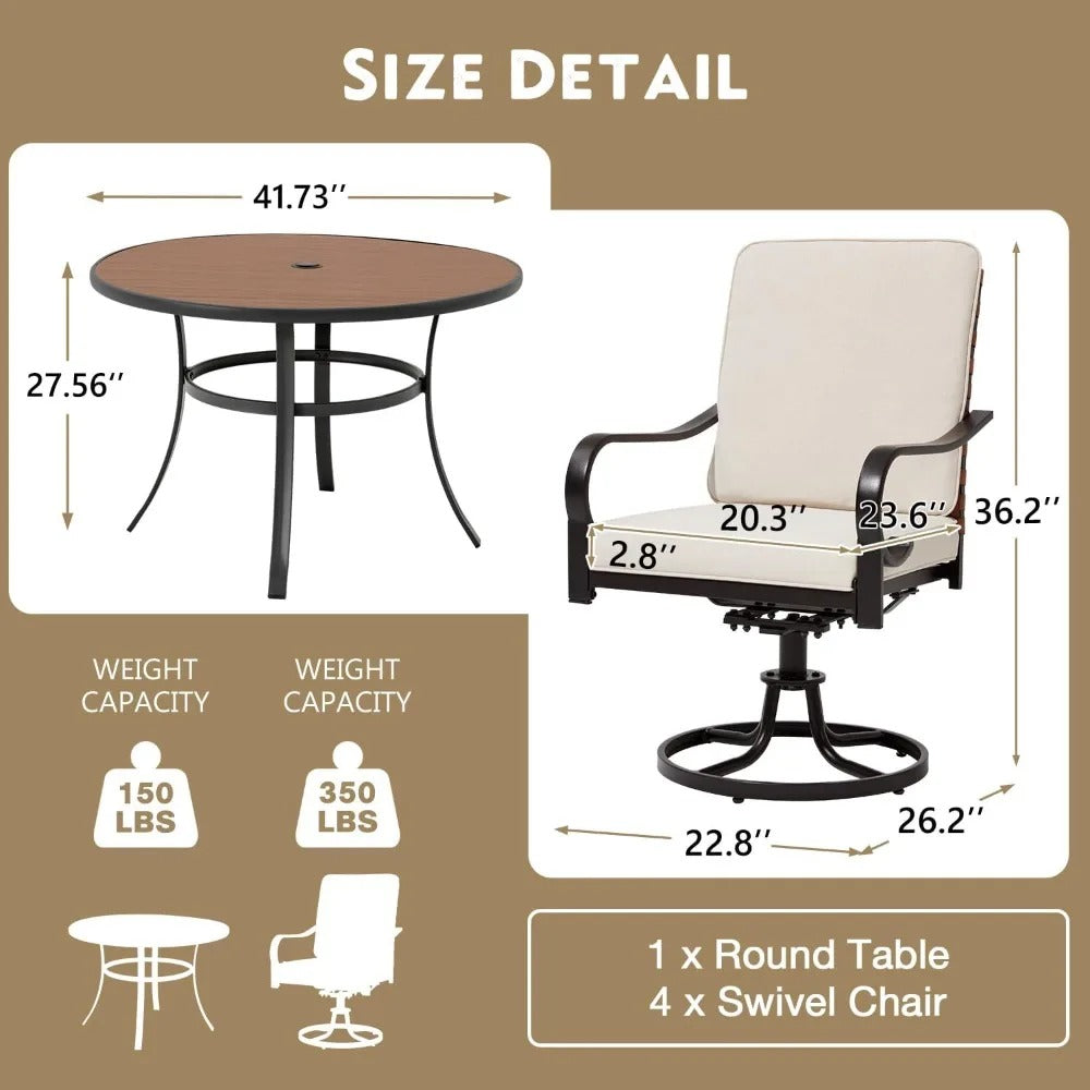 5-Piece Outdoor Dining Set – 4 Swivel Chairs with Cushions & Round Patio Table with Umbrella Hole, All-Weather Rattan Furniture