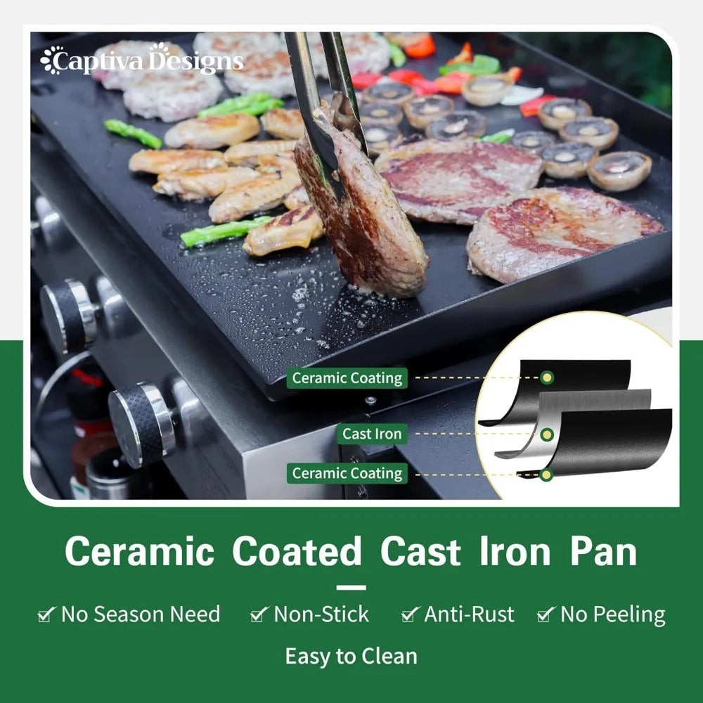 3-Burner 27" Propane Flat Top Griddle Grill with Ceramic Coated Cast Iron Pan – 33,000 BTUs