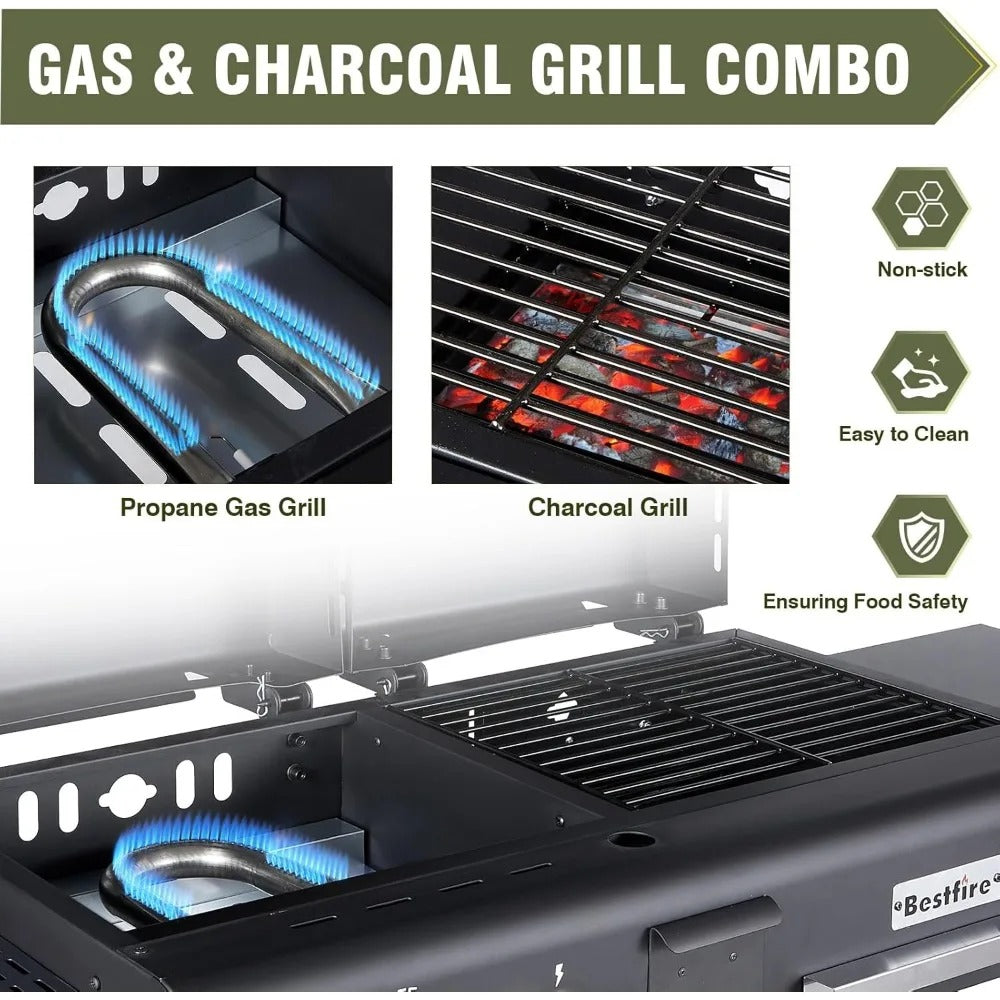 Dual Fuel Gas & Charcoal Grill Combo – Portable BBQ Grill with Flat Top, Side Shelves & Dual Lids