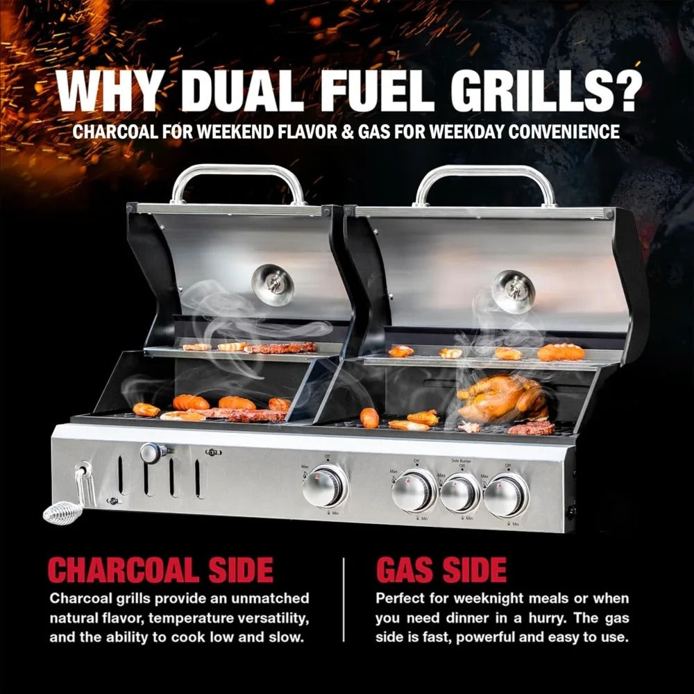 3-Burner Gas & Charcoal Grill Combo with Side Burner, 685 sq.in Cooking Area, 37,000 BTUs, Cast Iron Grates, Built-in Thermometer
