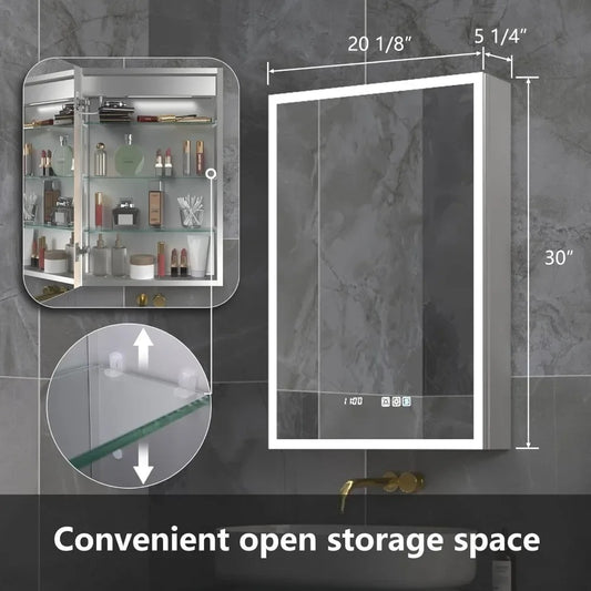 20x30" LED Medicine Cabinet with Mirror – Dimmable, Defogger, Clock, Temp Display, USB Ports & Recessed/Wall Mount Options