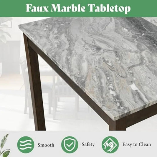 7-Piece Dining Table Set with Faux Marble Top – Includes 6 PU Leather Upholstered Chairs & Solid Wood Frame (Seats 6)