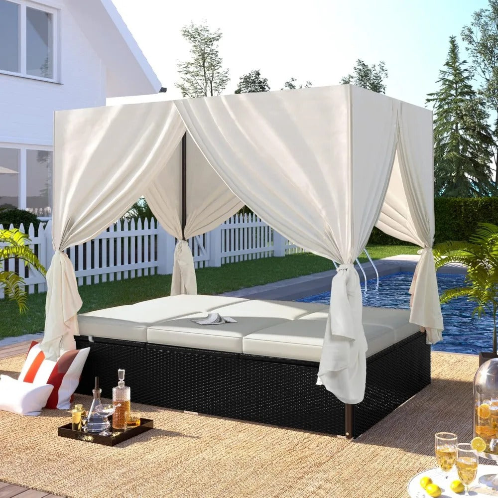 3-Person Outdoor Rattan Daybed with Canopy – Adjustable Patio Sunbed with Cushions & Privacy Curtains, Poolside Lounge Sofa