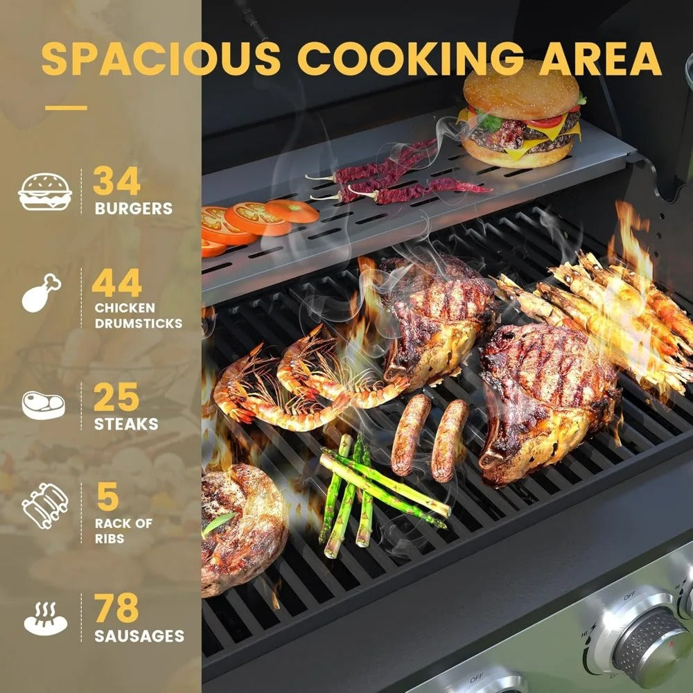 6-Burner Propane BBQ Grill with Side Burner – 65,500 BTU Outdoor Gas Grill with Cast Iron Grates & Prep Space