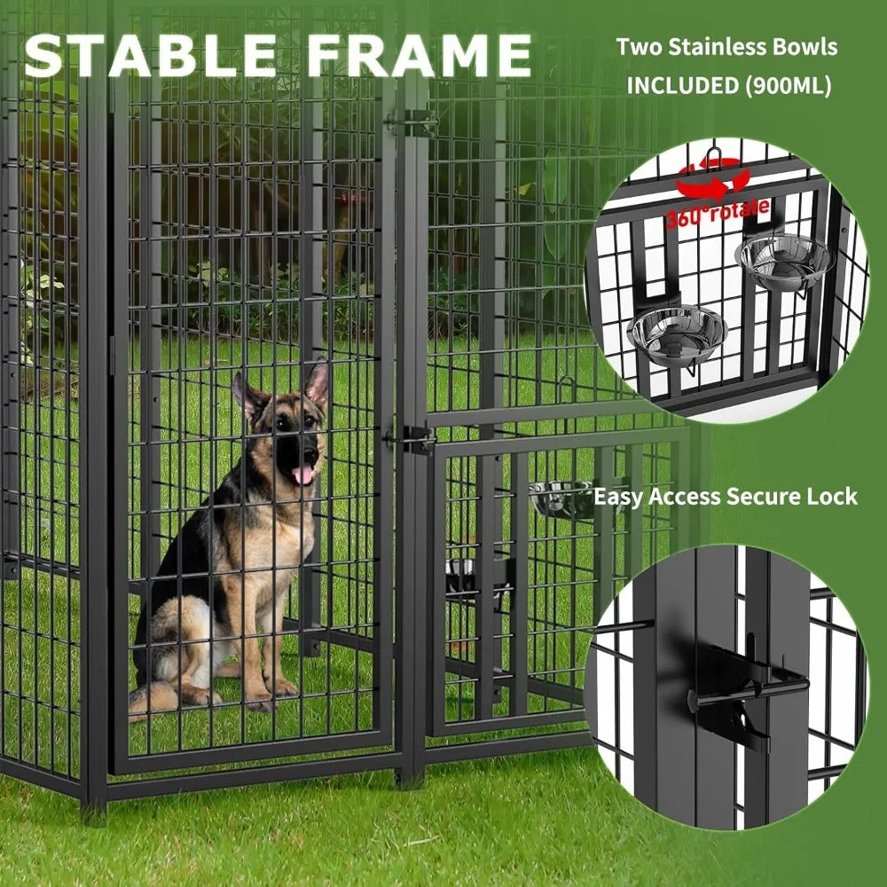 Large Outdoor Dog Kennel with Roof & Feeding Bowls – Metal Pet Run Enclosure (8' x 4' x 5.6')