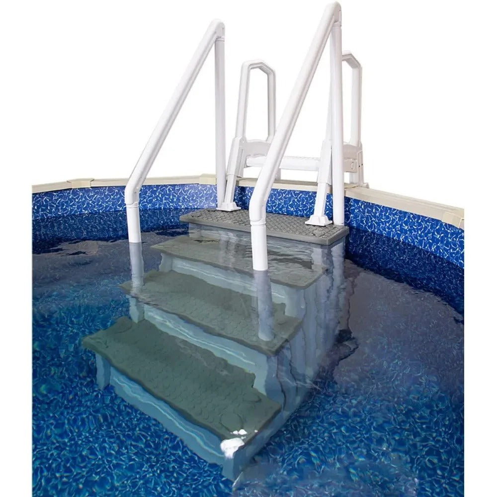 Anti-Slip In-Pool Step System with Flip-Up Outside Ladder – White/Gray for Above Ground Pools with Decks up to 54"