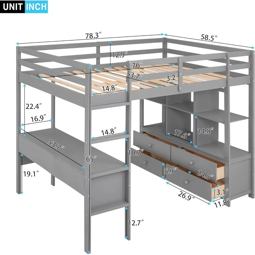Full Size Loft Bed with Desk, Bookshelf & Drawers – Solid Wood Loft Frame for Kids or Teens, Grey
