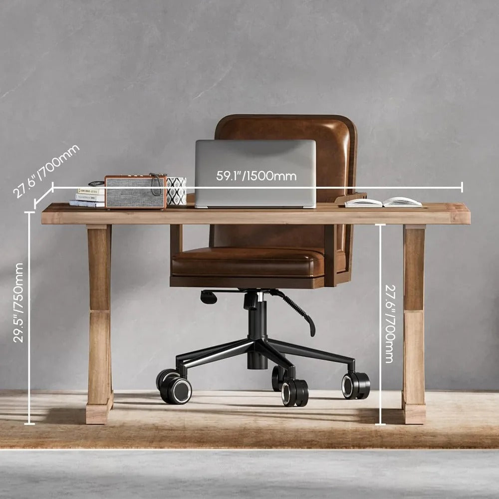 59" Rustic Farmhouse Office Desk – Executive Computer Table with Trestle Base, Natural Wood Finish