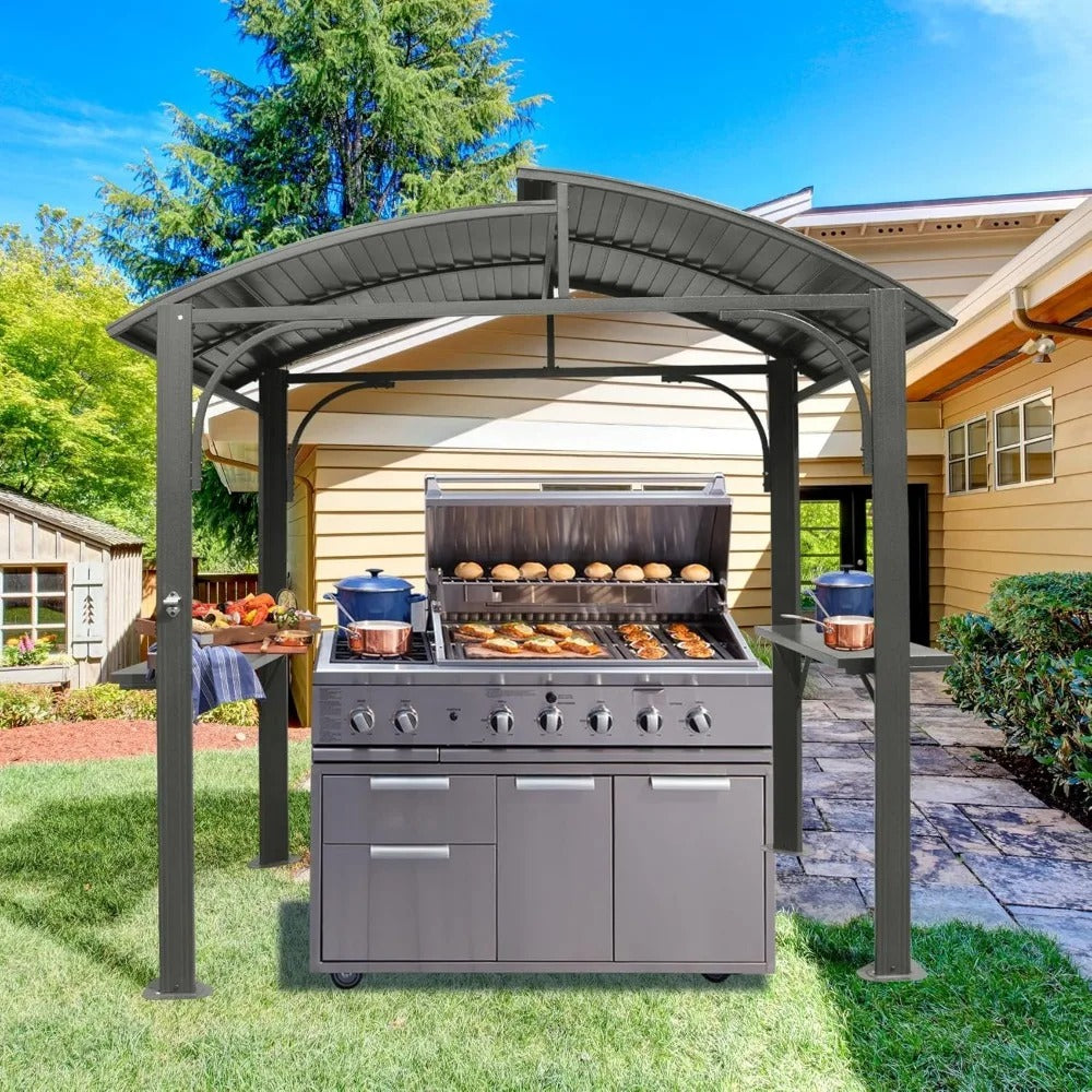 8x5 FT Hardtop Grill Gazebo with Steel Roof & Side Shelves – Outdoor BBQ Canopy Shelter