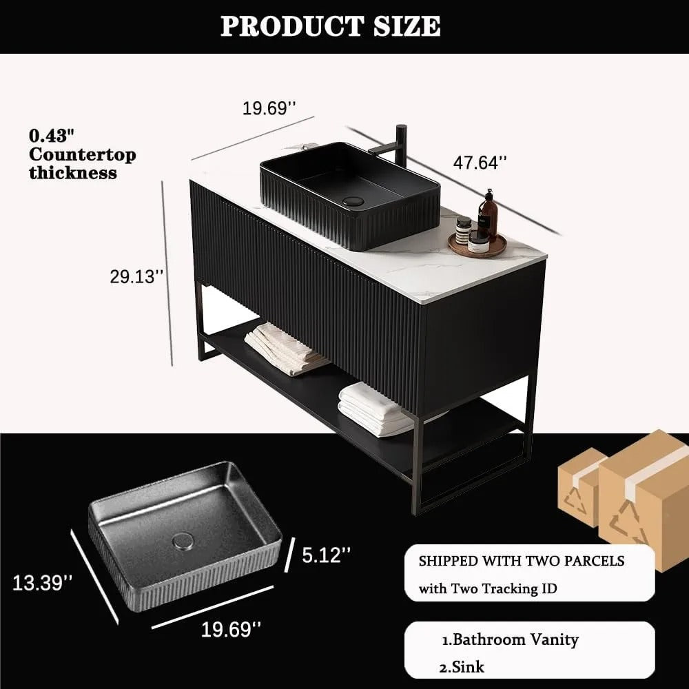 48" Freestanding Bathroom Vanity with Vessel Sink, Soft-Close Doors & Open Shelf