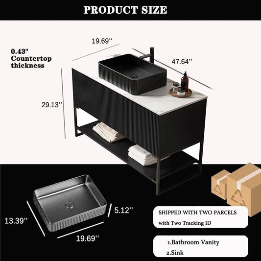 48" Freestanding Bathroom Vanity with Vessel Sink, Soft-Close Doors & Open Shelf