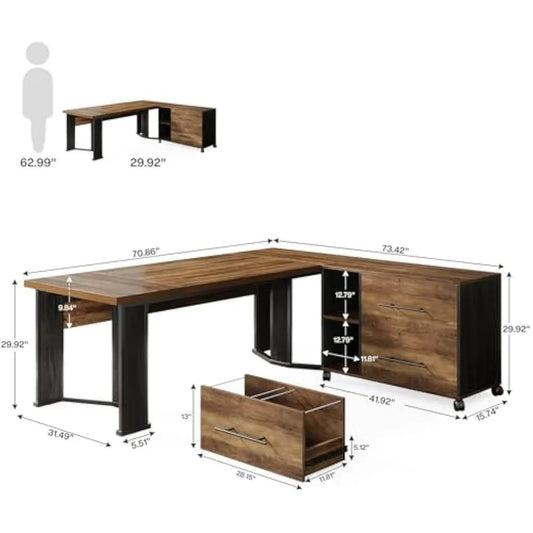 70.86" L-Shaped Executive Desk with Mobile File Cabinet – Large Computer Workstation with Drawers & Storage Shelves for Office