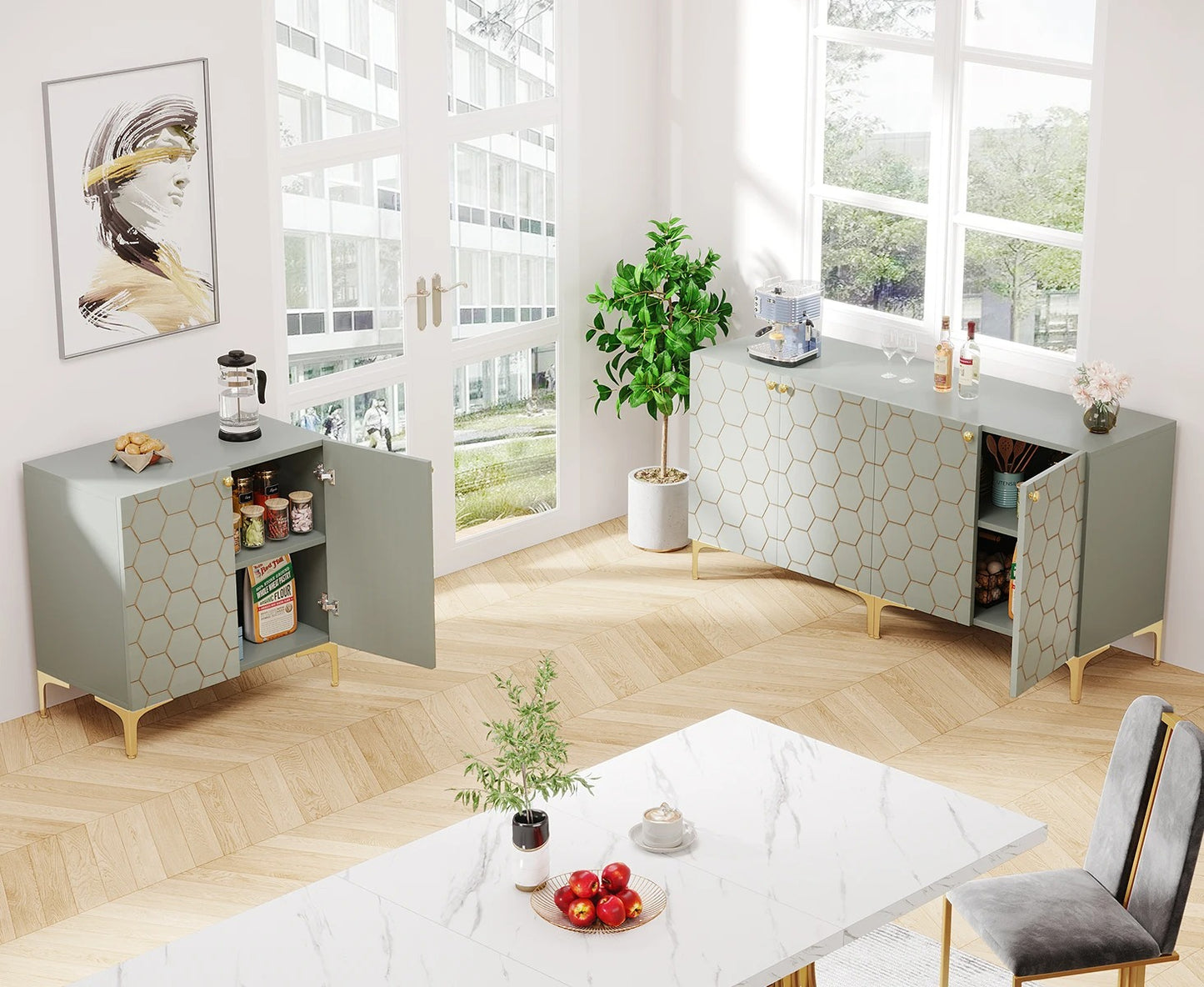 Modern Buffet Sideboard Cabinet Set – 2-Piece Storage Console with Doors & Shelves