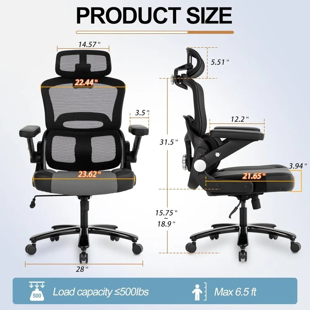 500lbs Big & Tall Ergonomic Office Chair – Heavy Duty Mesh Desk Chair with 5D Flip Arms, Lumbar Support & PU Leather Seat