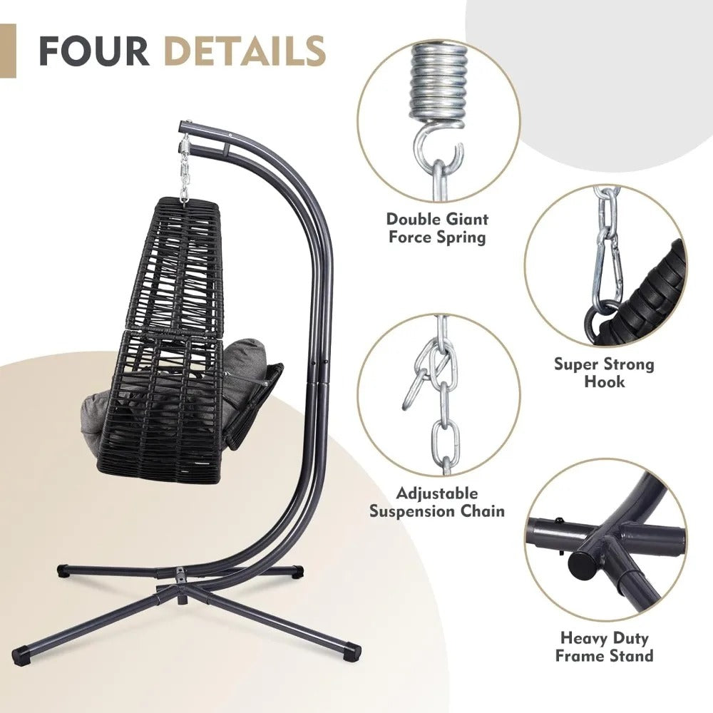 Double Hanging Egg Chair with Stand – Oversized 2-Person Outdoor Swing with Reclining Armrest & Cushions