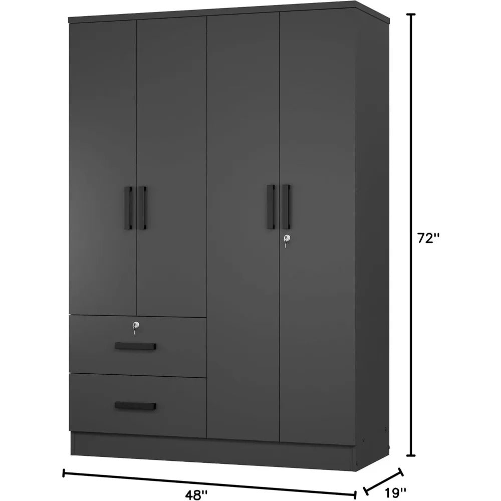 72" Black 4-Door Wardrobe with Lockable Storage, Hanging Rod & 2 Drawers – Modern Closet Organizer