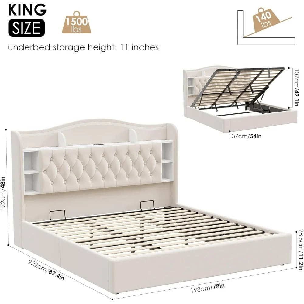 King Bed Frame with Storage, LED Lights & USB Ports – Upholstered with Lift-Up Hydraulic Design