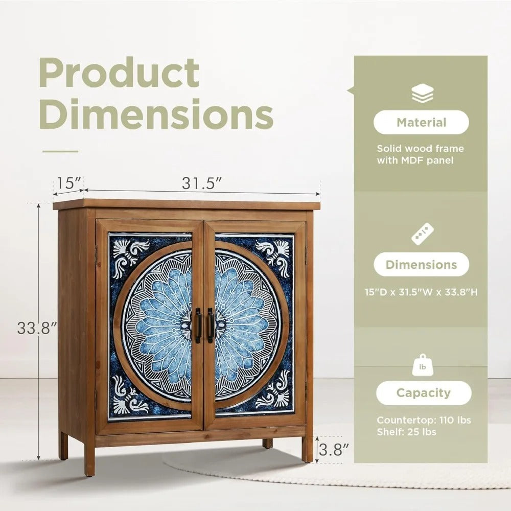 Blue & White 2-Door Accent Cabinet – Distressed Rustic Storage with Porcelain Pattern for Entryway or Living Room