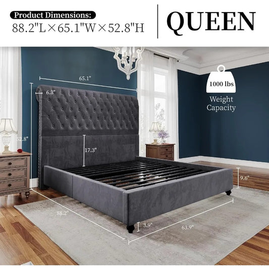 King Size Upholstered Bed Frame with 52.8" Tufted Headboard – Velvet Fabric, No Box Spring Needed, Squeak-Resistant, Dark Grey