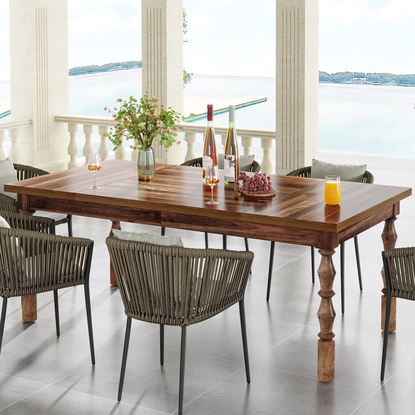 Enjoy meals in timeless style with this spacious farmhouse wood dining table. Perfect for patios, kitchens, and gatherings of 4 to 6 guests.