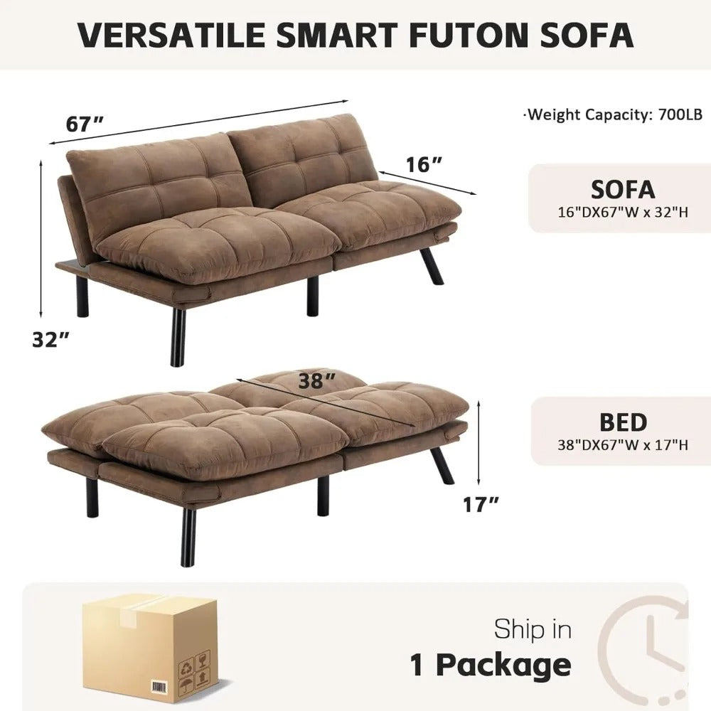 67" Velvet Futon Sofa Bed – Convertible Loveseat with Adjustable Backrest & Memory Foam for Small Spaces