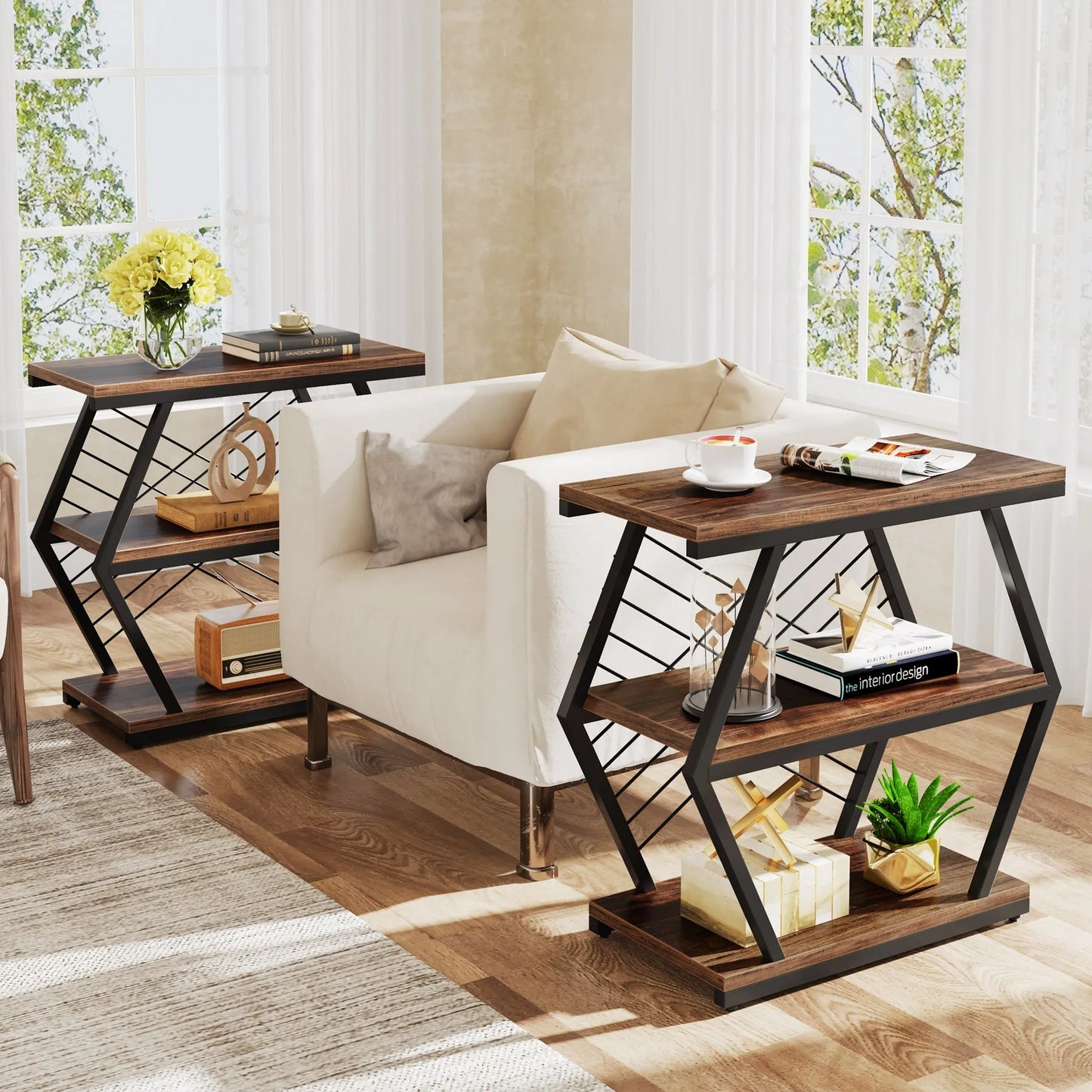 Industrial End Table with 3-Tier Storage – Rustic Wood & Metal Side Table for Living Room or Bedroom