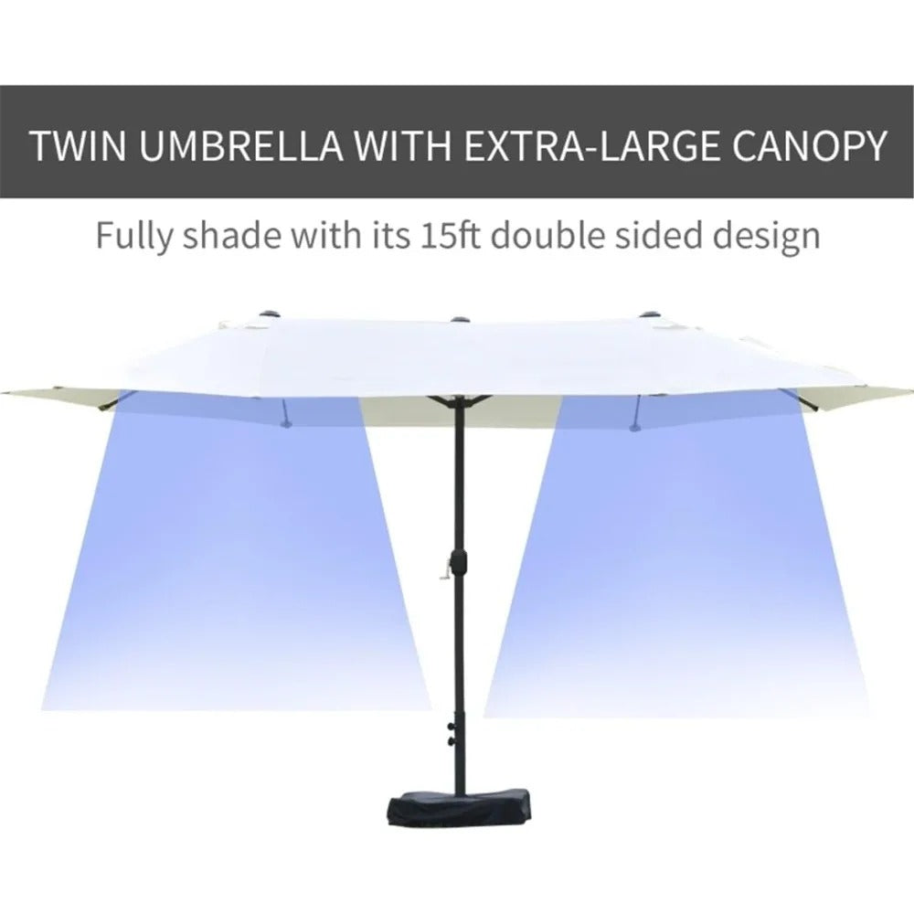 15FT Double-Sided Patio Umbrella with Base & Sand Bag – Extra Large Outdoor Sun Shade with Crank & Vents, UV-Resistant, White