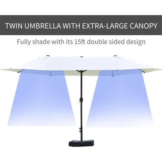 15FT Double-Sided Patio Umbrella with Base & Sand Bag – Extra Large Outdoor Sun Shade with Crank & Vents, UV-Resistant, White