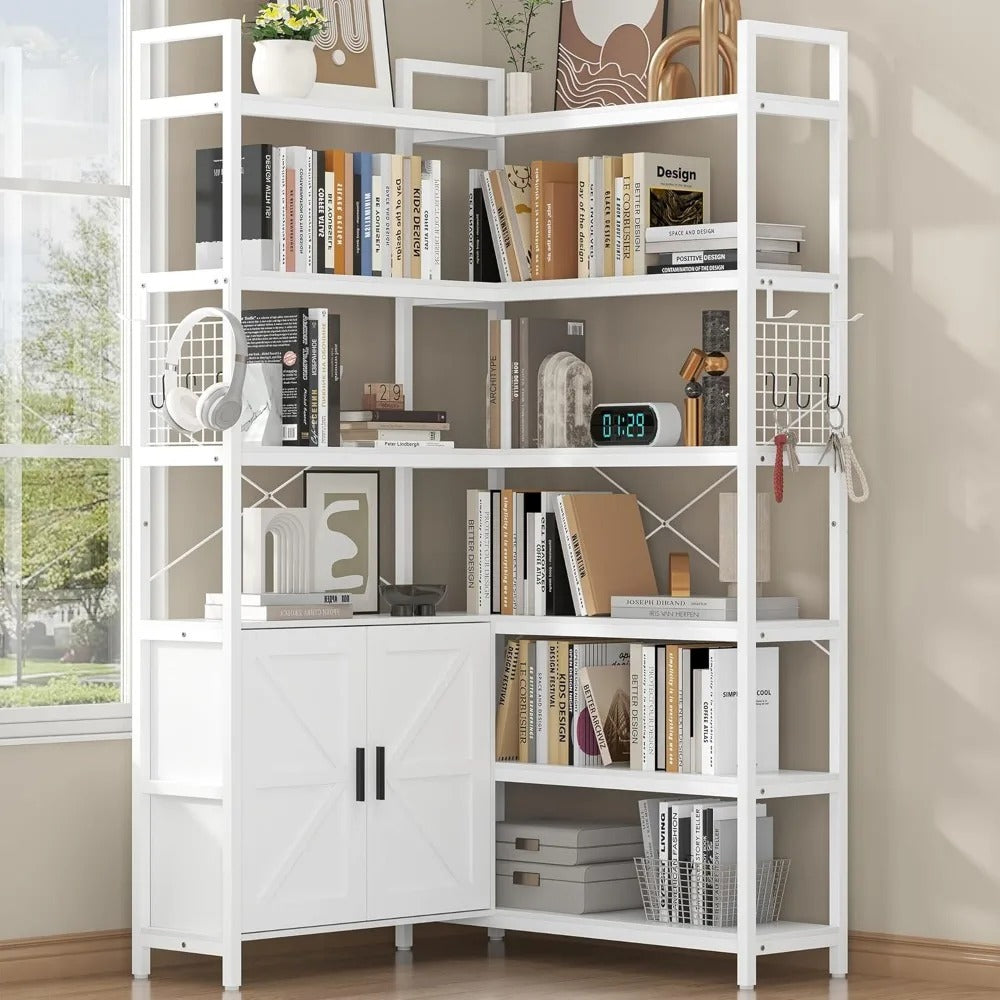 71" Tall Farmhouse Corner Bookshelf – 6-Tier Convertible Etagere with 2 Barn Doors, 10 Shelves & Metal Hooks for Living Room or Office (White)