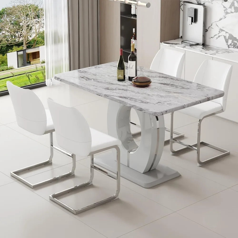 5-Piece Counter Height Dining Set with 63" Faux Marble Table & 4 White Leather Barstools – Modern Kitchen & Bar Table Set