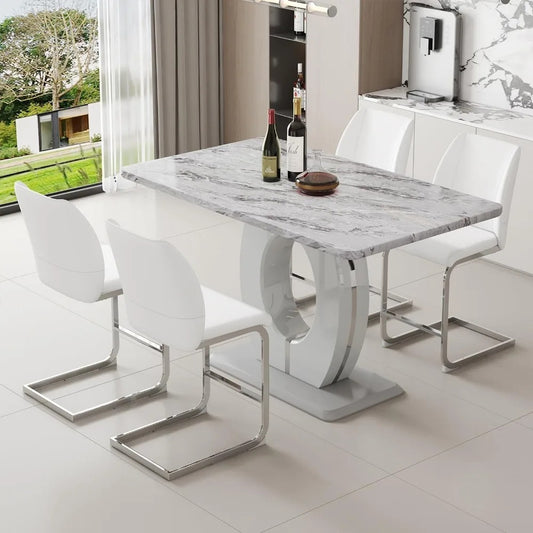 5-Piece Counter Height Dining Set with 63" Faux Marble Table & 4 White Leather Barstools – Modern Kitchen & Bar Table Set