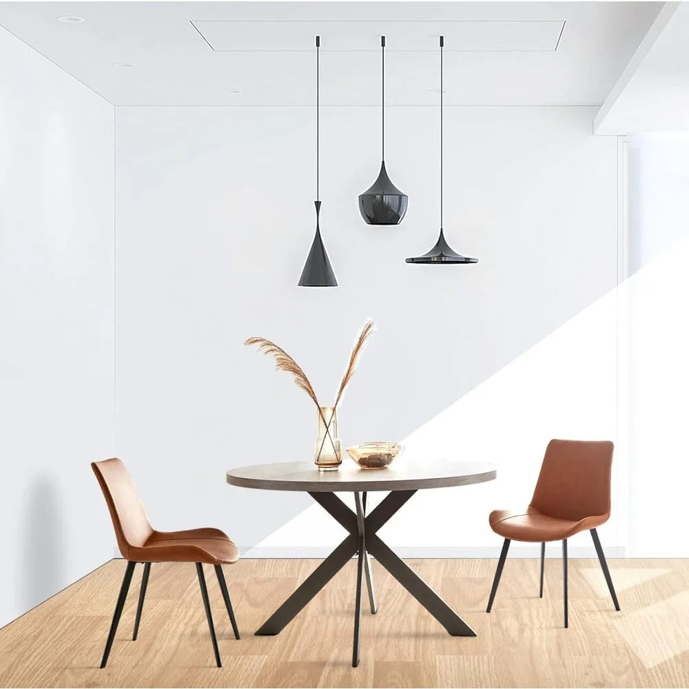47" Round Dining Table Set for 4–6, Mid-Century Modern Table with PU Leather Chairs, Steel Legs, Easy Assembly