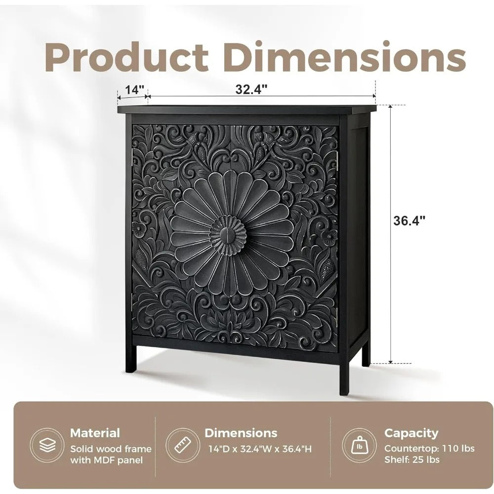 Black Floral Carved Accent Cabinet – 2-Door Vintage Storage Sideboard with Embossed Doors, Engineered Wood Console for Entryway or Living Room