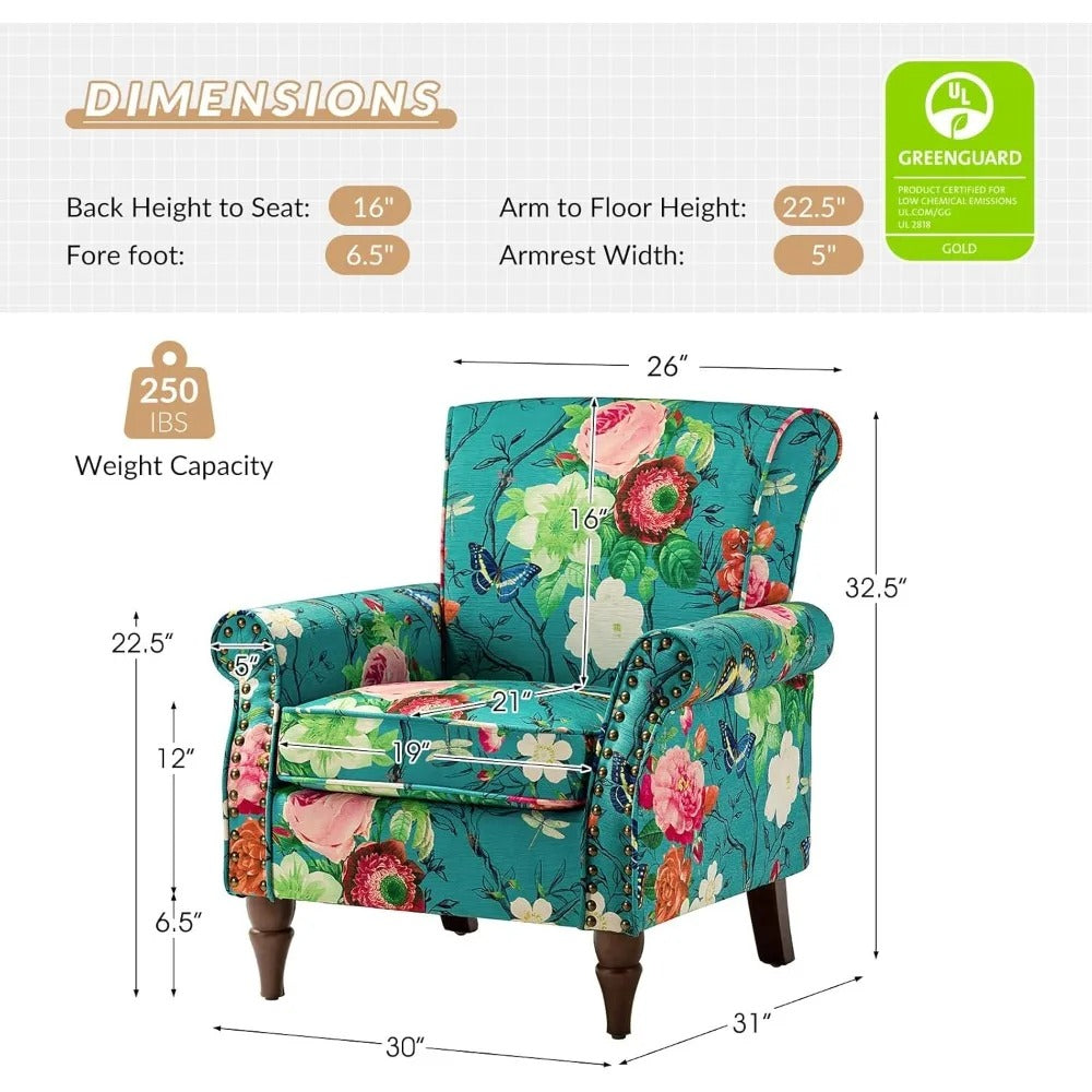 Floral Wingback Accent Chair – Comfy Armchair with Wood Legs & Nailhead Trim, Removable Cushion (Blue)