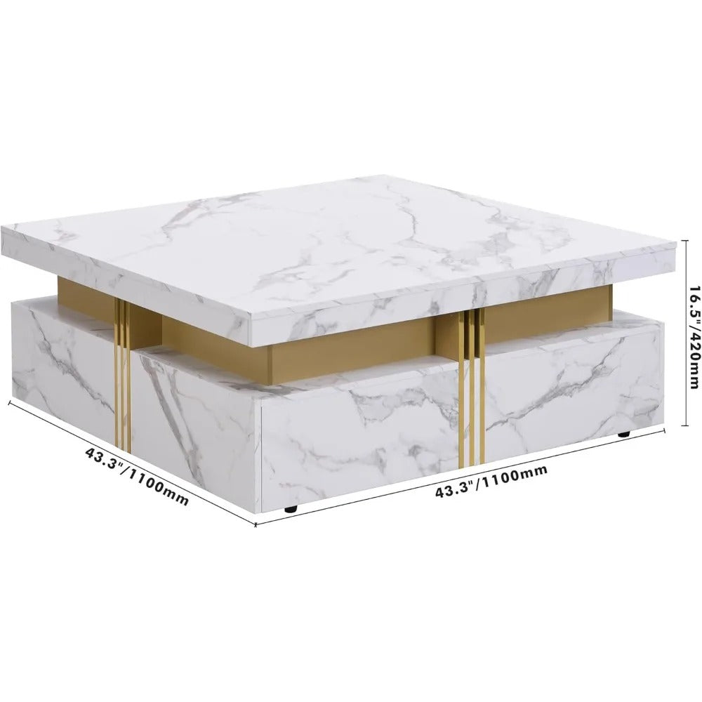 Modern Square Coffee Table with 4 Drawers – White & Gold Center Table with Sliding Top, Puzzle Design & Storage Compartments