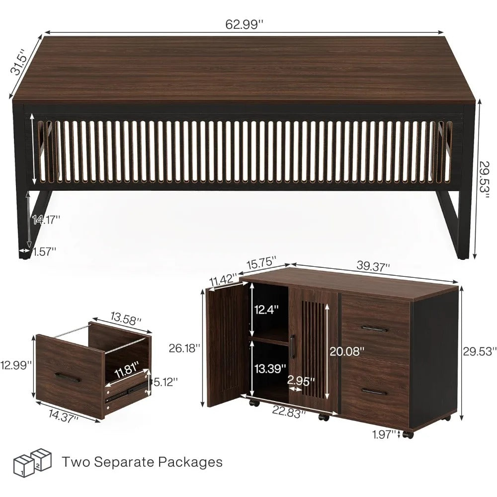 63" L-Shaped Executive Desk with Mobile File Cabinet – Modern Dark Walnut Corner Office Desk with Storage Drawers & Door Cabinet
