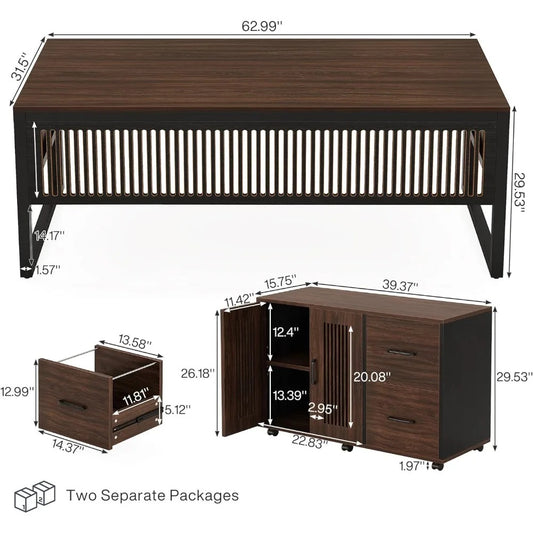 63" L-Shaped Executive Desk with Mobile File Cabinet – Modern Dark Walnut Corner Office Desk with Storage Drawers & Door Cabinet