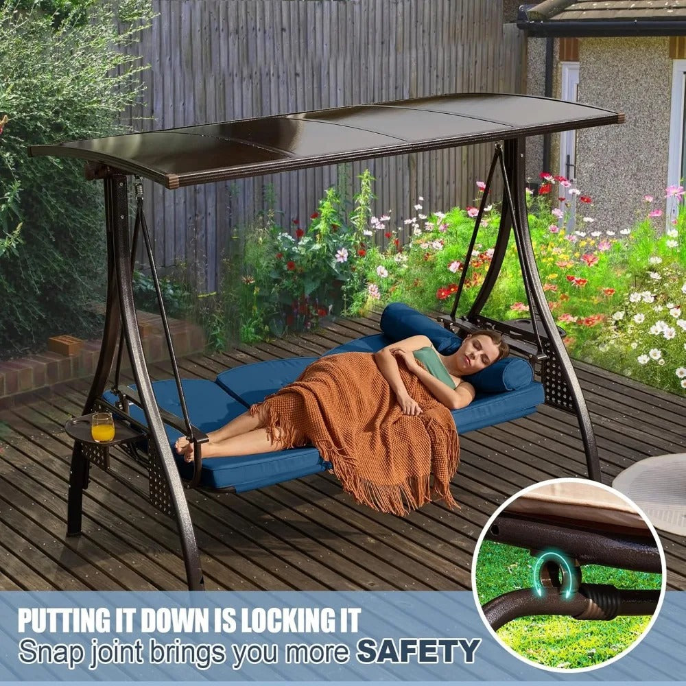3-Seat Convertible Patio Swing with Adjustable Hardtop – Outdoor Porch Swing Bed with Thick Cushions, Cup Holders & Steel Frame