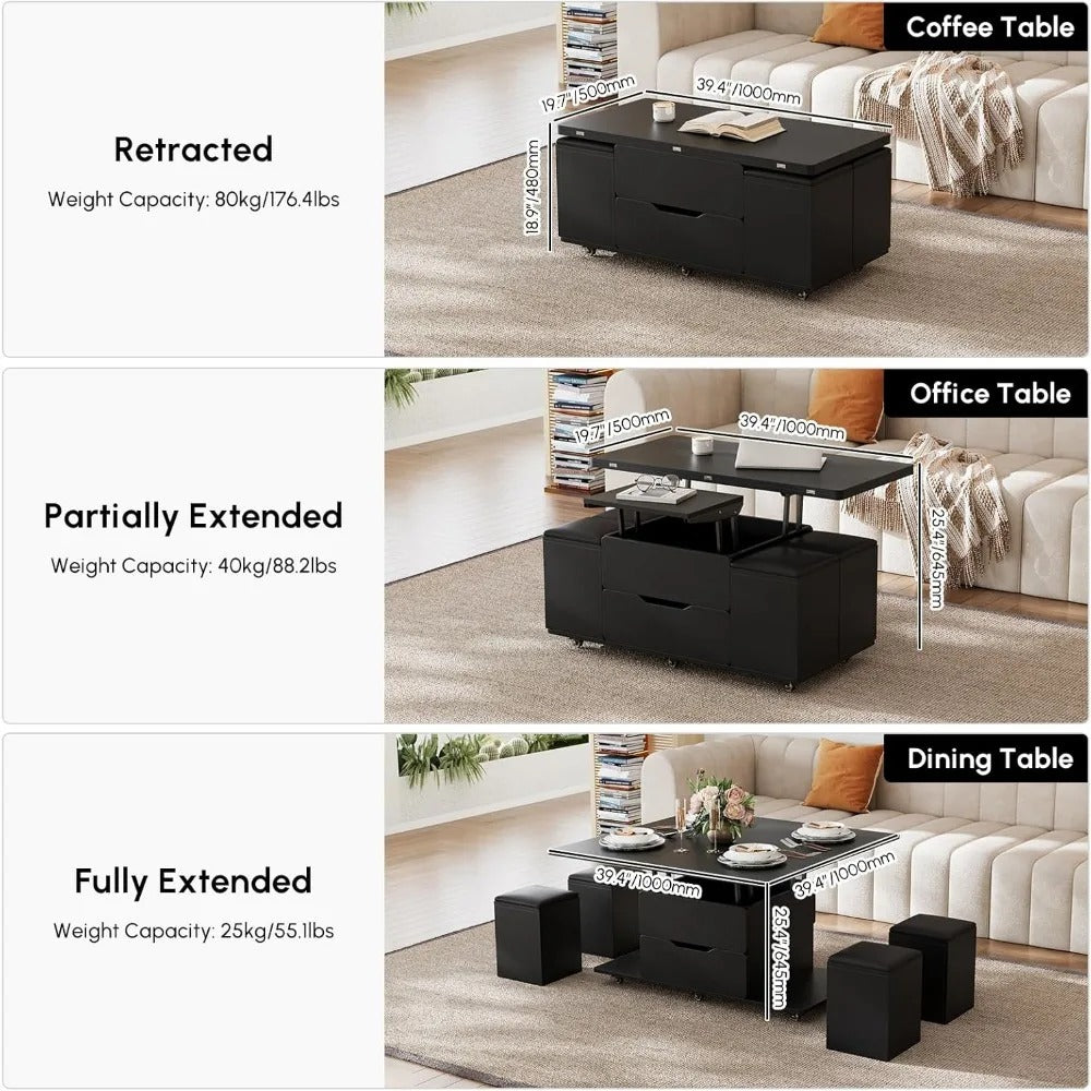 3-in-1 Lift-Top Coffee Table with Hidden Storage & 4 Stools – Black, Modern, on Wheels