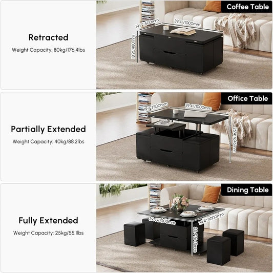 3-in-1 Lift-Top Coffee Table with Hidden Storage & 4 Stools – Black, Modern, on Wheels