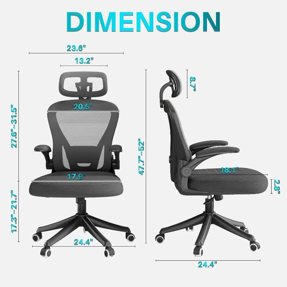 Ergonomic Mesh Office Chair with Adjustable Lumbar, Headrest & Flip-Up Arms – High-Back Desk Chair with Wheels & Breathable Seat