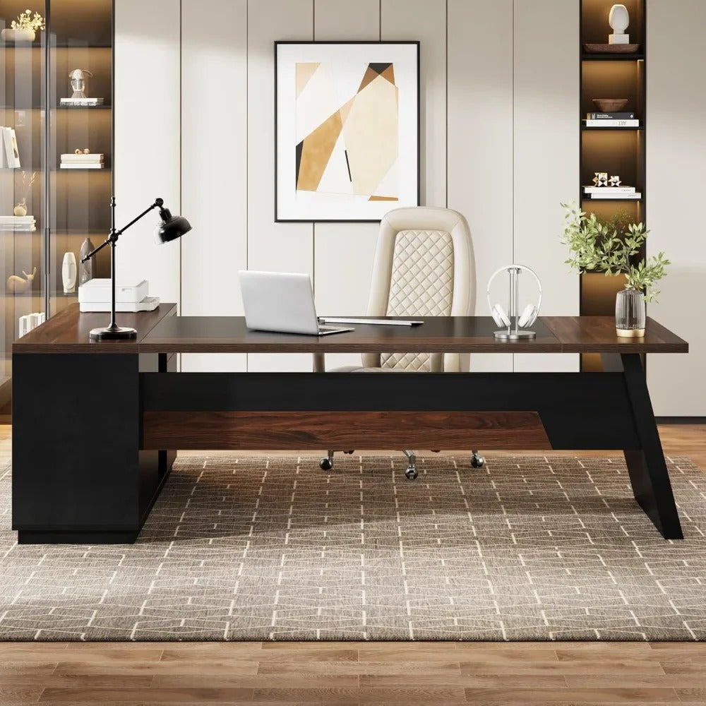 Modern L-Shaped Executive Desk with Drawers & Storage – 78" Walnut Black Office Workstation