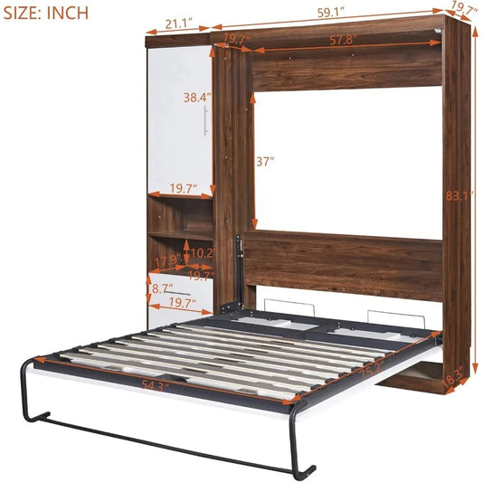 Full Size Murphy Bed with Storage Cabinets & Shelves – Space-Saving Foldable Wall Bed in White + Wood