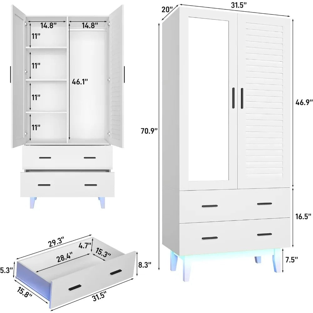 2-Door Armoire Wardrobe Closet with Drawers & LED Lights – Hanging Rod, Shelves, and Louver Doors, White Modern Storage Cabinet