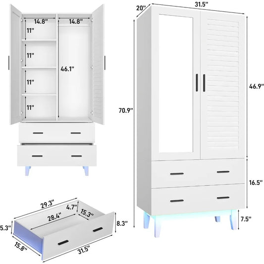 2-Door Armoire Wardrobe Closet with Drawers & LED Lights – Hanging Rod, Shelves, and Louver Doors, White Modern Storage Cabinet