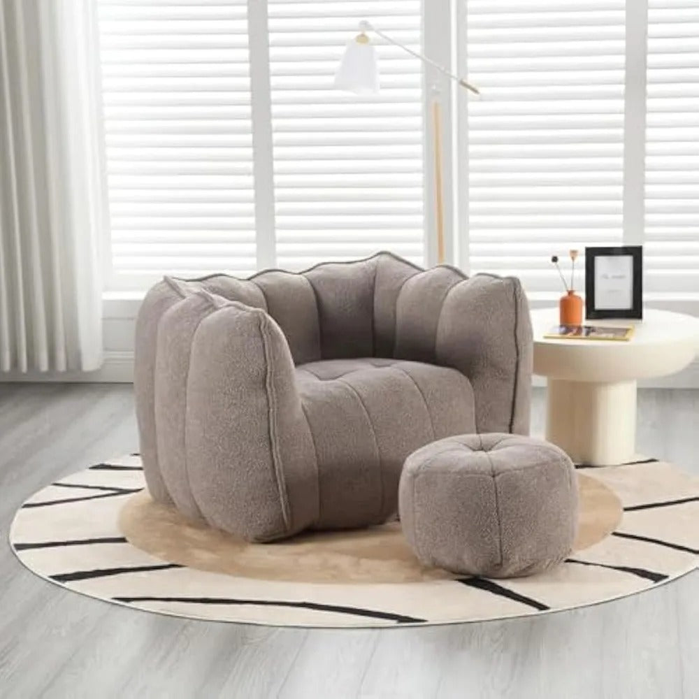 Coffee Chenille Bean Bag Chair with Footstool – Ultra-Soft Foam Lounge Seat for Adults