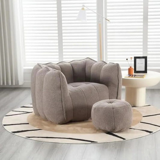 Coffee Chenille Bean Bag Chair with Footstool – Ultra-Soft Foam Lounge Seat for Adults