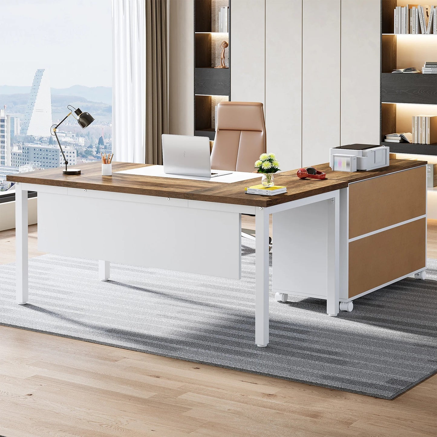 A spacious and versatile L-shaped desk and filing cabinet set for a stylish, productive home office. Perfect for multitasking, organizing, and maximizing workspace.