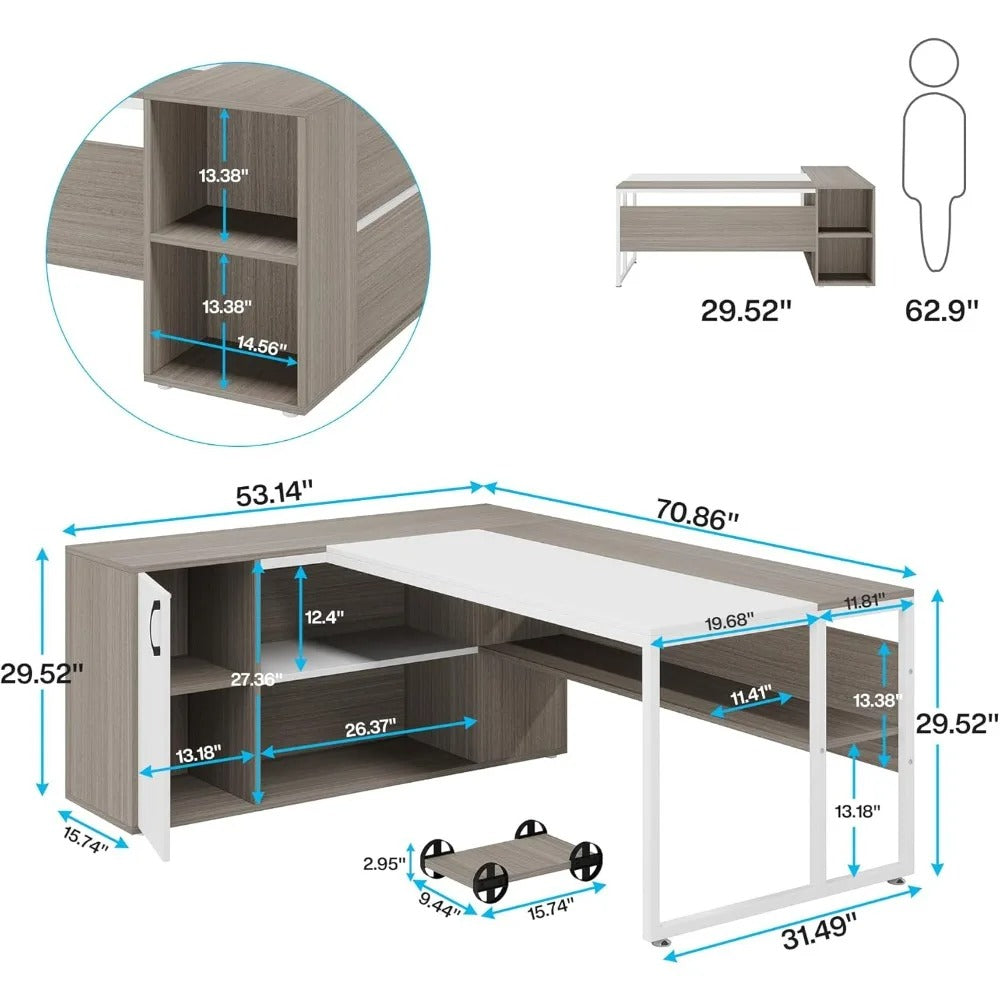 71" L-Shaped Executive Desk with Storage Cabinet – Modern Office Workstation with Shelves, Drawers & Printer Stand